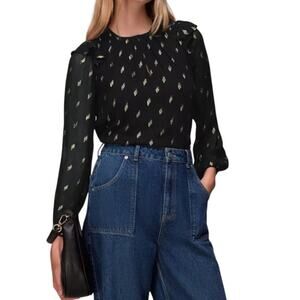 Whistles Metallic Dobby Top Long Sleeve Ruffle Trim Black Gold Womens Sz 12 NWT